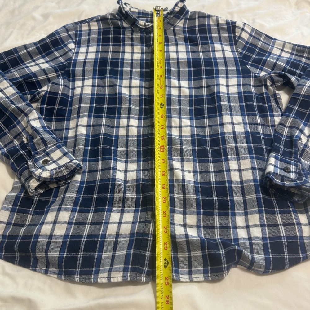 Lands End Womens Blue White Plaid Ruffle Collar Flannel Shirt Petite Medium - Picture 2 of 9
